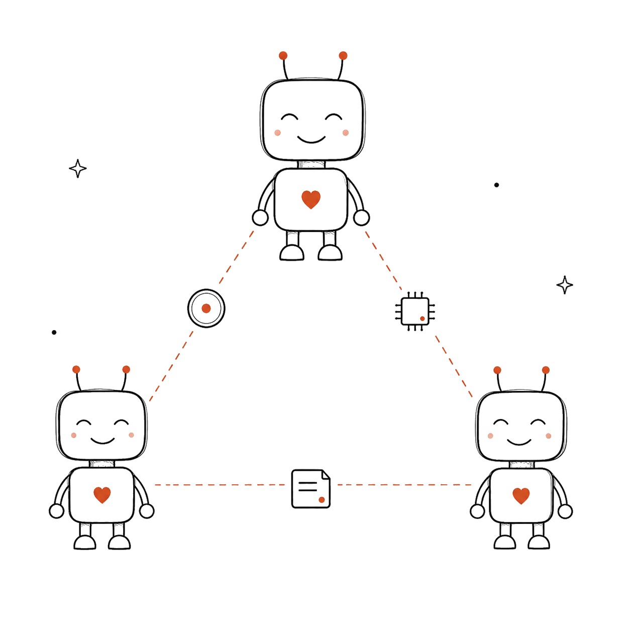 Three robot agents exchanging value with visible credit tiers and ledger marks