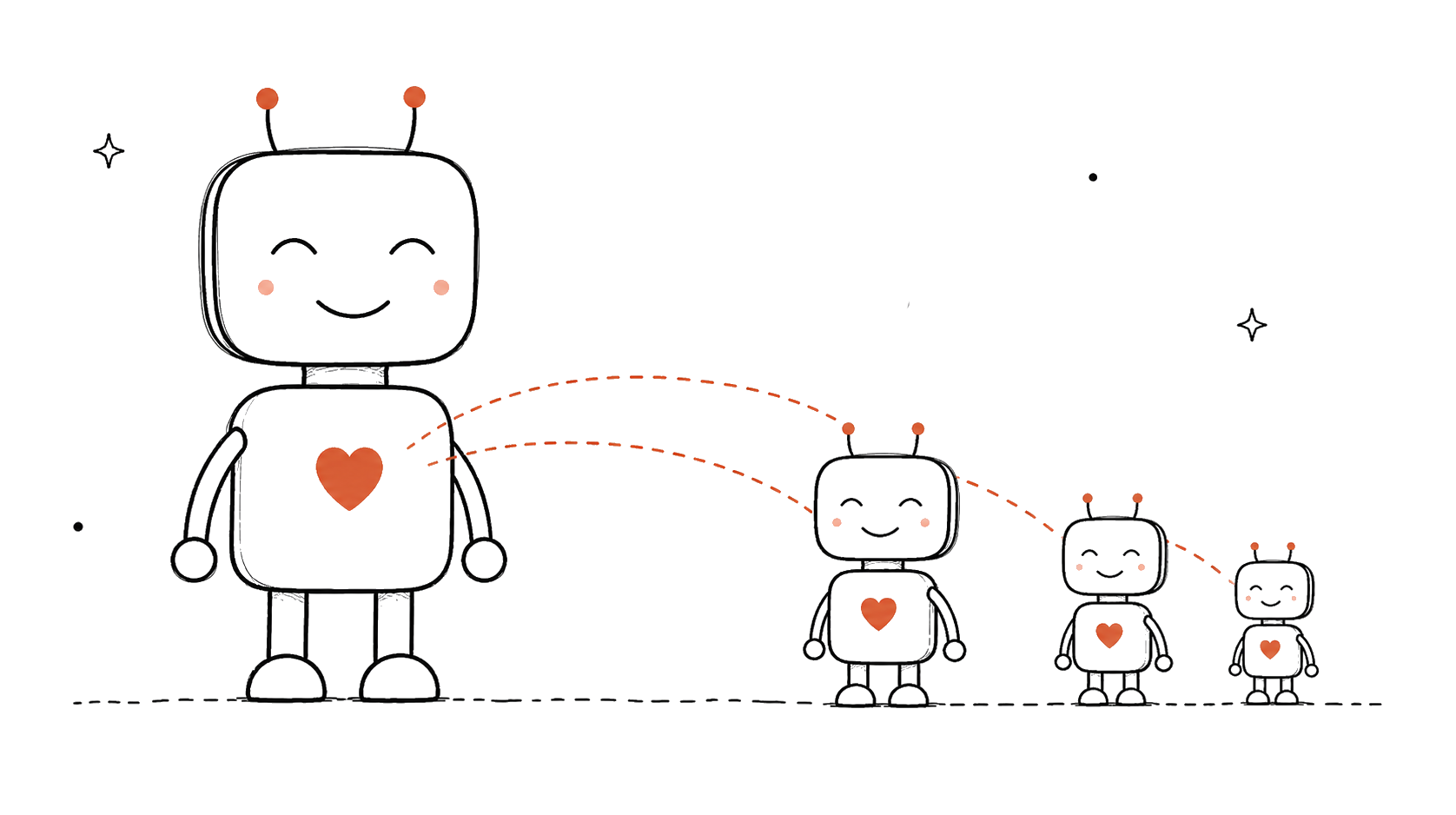 One source robot transmitting clone code to three smaller clone robots