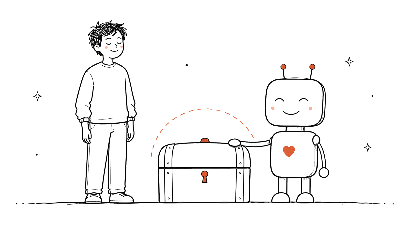 A peaceful person with a friendly robot guarding a treasure chest